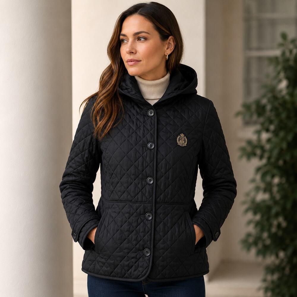 Lauren Ralph Lauren Black Label SZ L Crest-Patch Quilted Hooded Jacket Black